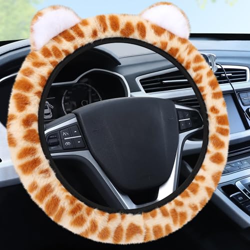 Accmor Fuzzy Car Steering Wheel Cover with Cute Ears, Non-Slip Leopard Warm Fluffy Auto Wheel Cover, Soft Plush Furry Car Accessories Decor for Women Girls, Universal 15 inch Fit Vehicle, Truck, SUVs - color: Style B/Orange Leopard, Ear
