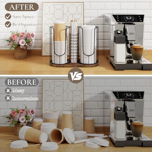 Coffee Cup Holder 18oz 3-Compartment Paper Cup Dispenser Rack with Wood Base - Disposable Cup, Straw & Lid Organizer 3-in-1 Storage for Countertop, Coffee Bar, Kitchen, Office