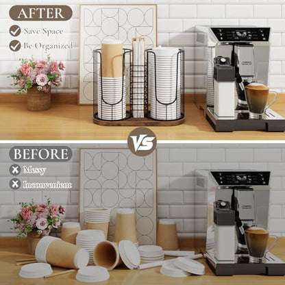 Coffee Cup Holder 18oz 3-Compartment Paper Cup Dispenser Rack with Wood Base - Disposable Cup, Straw & Lid Organizer 3-in-1 Storage for Countertop, Coffee Bar, Kitchen, Office