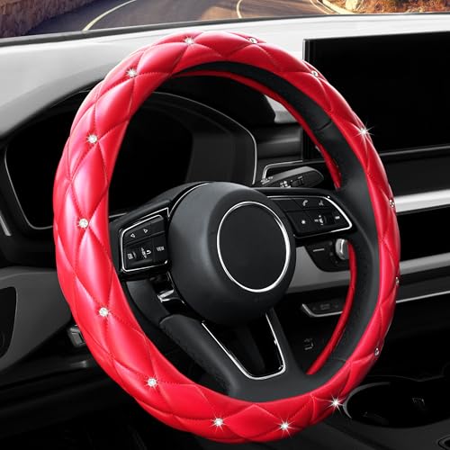 YOGURTCK Cute Diamond Soft Leather Anti-Slip Steering Wheel Cover with Bling Bling Crystal Rhinestones, Universal 15 Inch for Women Girls, Fit Vehicles, Sedans, SUVs, Vans, Trucks - Red - color: A-Red