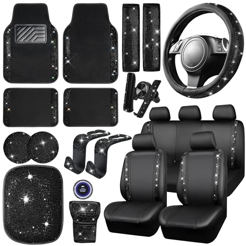 CAR PASS 23 PCS Bling Diamond Car Accessories Set for Women, Leather Seat Covers Full Set Floor Mats Steering Wheel Cover, Coasters Seat Belt Covers Phone Holder Universal Fit Car SUV Truck Van Black - color: Black Diamond