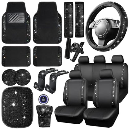 CAR PASS 23 PCS Bling Diamond Car Accessories Set for Women, Leather Seat Covers Full Set Floor Mats Steering Wheel Cover, Coasters Seat Belt Covers Phone Holder Universal Fit Car SUV Truck Van Black - color: Black Diamond