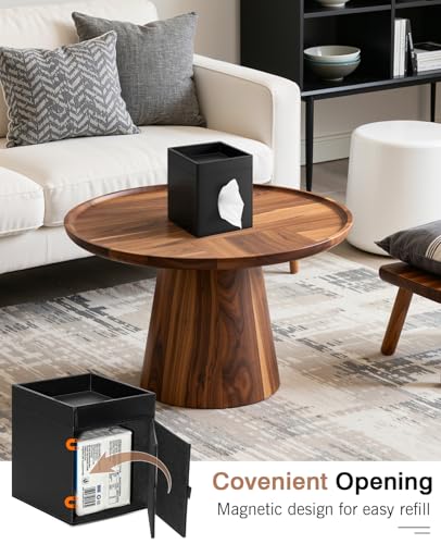 Luxspire Square Tissue Box Cover, PU Leather Square Tissue Box Cover with Storage Tray, Tissue Box Holder, Tissues Cube Boxes Cover for Living Room, Bedroom Countertop Cars Hotels, Black