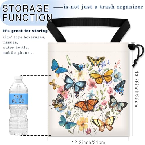 Car Trash Bag Hanging Back of Seat Waterproof Small Cute Printed One-Handed Strap Drawstring Garbage Bags for Car-Butterfly Wildflower - color: Butterfly Wildflower Car Trash Bag