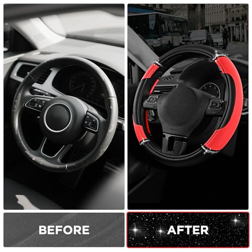 Road Comforts Leather Steering Wheel Cover - Made with PVC Leather - Anti-Slip, Universal Fit 14 1/2 inches to 15 inches - Red - color: Red