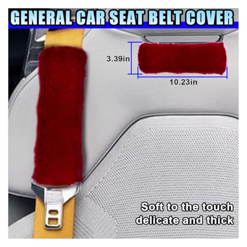 10PCS Fluffy Car Accessories Set, Furry Steering Wheel Cover with Warm Fuzzy Gear Shift Cover Ball Keychain Handbrake Cover Console Seat Belt Shoulder Pads & Diamond Ignition Ring Cup Mats (Red) - color: Red