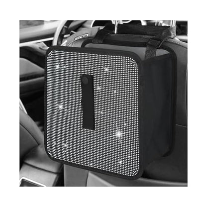 Car Foldable Trash Can, Bling Rhinestone Oxford Garbage Container Hanging Waterproof Organizer, Mini Crystal Dustbin Waste Basket Leakproof Trash Bin for Car Office Kitchen (White) - color: White