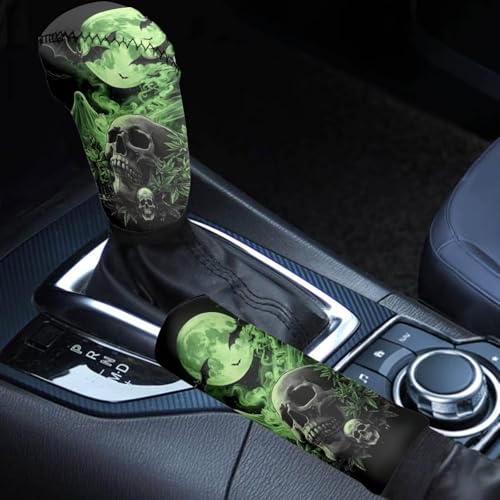 2Pcs Car Gear Shift Cover and Handbrake Covers Set, Skull Leaf Printed Non Slip Car Handbrake Cover, Soft Stretch Gear Shift Covers for Cars, Universal Fits for Most Cars SUV Truck Sedan - color: Green and Black - Skull Leaf