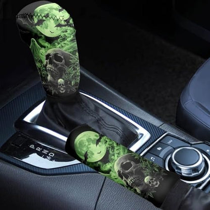 2Pcs Car Gear Shift Cover and Handbrake Covers Set, Skull Leaf Printed Non Slip Car Handbrake Cover, Soft Stretch Gear Shift Covers for Cars, Universal Fits for Most Cars SUV Truck Sedan - color: Green and Black - Skull Leaf