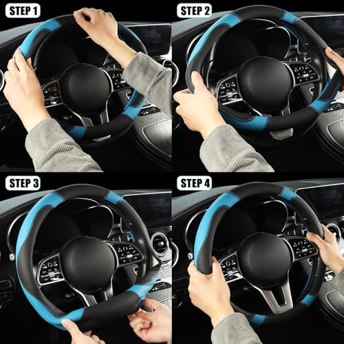 Leather Auto Car Steering Wheel Cover Anti-Slip Heavy Duty, Elegant, Non-tonix, Universal 15 Inch, Black&Blue - color: Black Blue, size: Round-Middle[14.5''-15'']