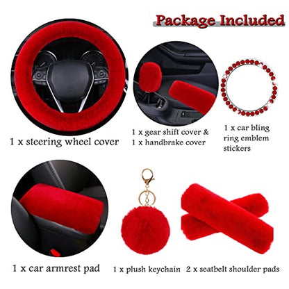 ZYNQACC 1 Set 8 Pieces Fluffy Steering Wheel Cover Set,Warm Soft Fuzzy Steering Wheel Covers for Women/Girls,Universal 15 Inches Girls Car Accessories (Red) - color: Red