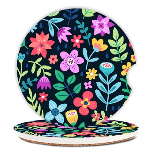 Cute Flowers Ceramic Cup Holders - Pack of 2, Keep Cup Holders Clean and Dry, Drink Cup Car Holder Coasters with A Finger Notch - color: Red Flowers 2