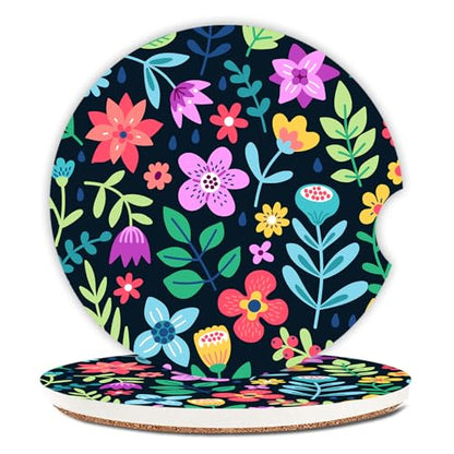 Cute Flowers Ceramic Cup Holders - Pack of 2, Keep Cup Holders Clean and Dry, Drink Cup Car Holder Coasters with A Finger Notch - color: Red Flowers 2