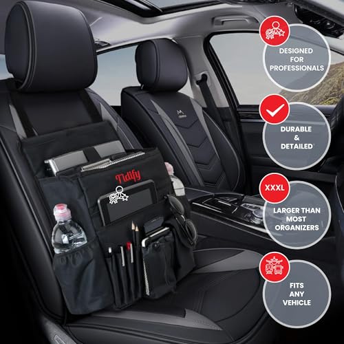 Car Front Seat Organizer [2025 UPDATED] with Dedicated Tablet and Laptop Storage Stabilizing Side Straps Soft Adjustable Shoulder Strap and Hardened Buckles Your Office Away from Office.