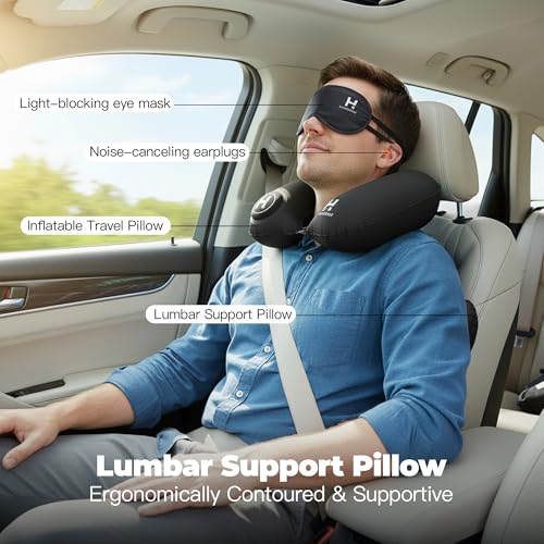 Travel Pillow and Lumbar Support Pillow Set 4 in 1 - Neck Pillow, lumbar Pillow, Eye Mask & Earplugs - Press-to-Inflate Design, 360° Breathable Support for Airplane, Car Travel, Office Nap (Black)