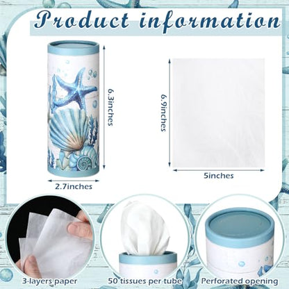 12 Pack Summer Ocean Car Tissue Cylinder Holder Bulk with 3 Ply Facial Tissues Starfish Round Napkin Holders for Cup Holder Cylinder Colorful Travel Paper Tubes Bulk Napkin Boxes Packs - style: Ocean