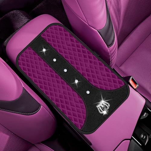 Purple Bling Car Console Cover Hot Purple Arm Rest Center Console Cushion Pad, Universal Anti-Slip Leather Armrest Box Decor Protector Crystal Sparkling Rhinestone Car Accessories(Purple) - color: Purple