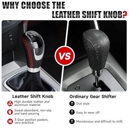 Universal 5/6 Speed Leather Car Racing Gear Shift Shifter knob,Artificial Leather and ABS Black Stitching Shift Knob with 4 Adapters,Replaceable 3 Gear Position Pastors(Black+Red Line) - color: 5/6 Speed Leather(Black+Red Line)