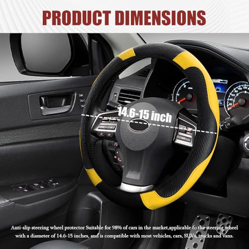 Car Steering Wheel Cover, Steering Wheel Protector, Universal 14.5-15 Inch Microfiber Leather Breathable Auto Steering Wheel Covers, Carbon Fiber Steering Wheel Cover for Women Men (Yellow) - color: Yellow