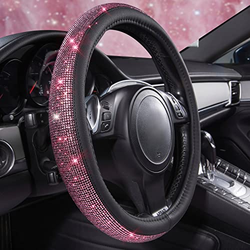 CAR PASS Bling Diamond Leather Steering Wheel Cover, Bling Sparkly Crystal Glitter Rhinestones Universal Fit 14" 1/2-15" Car Wheel Protect for Women Girl Fit Suvs,Vans,Sedans,Cars,Trucks, Pink Black - color: Pink Diamond on Velvet