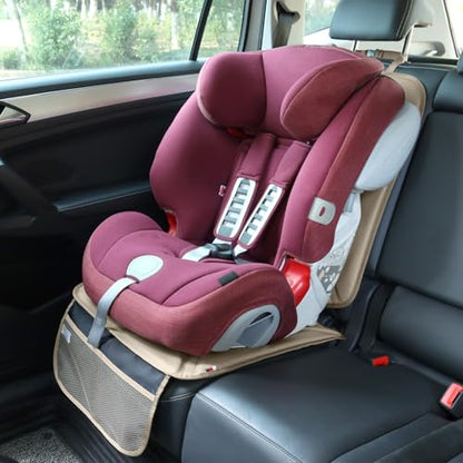 Viaviat Car Seat Protector Leather Waterproof Child Safety Seat Protector Cover with Thick Pad and 2 Large Pockets Durable Kick Mat for All Auto Seat (Beige) - color: Beige
