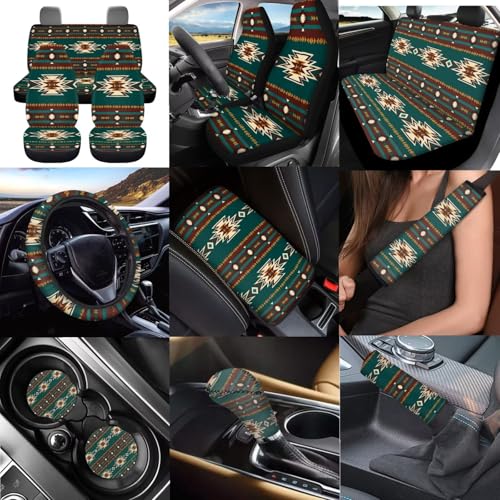 Dreaweet Navajo Seat Covers for Cars Trucks SUV,Green Southwestern Native American Seat Covers with Steering Wheel Cover,Seatbelt Cover,Armrest Pad,Cup Holder,Gear Shift Knob Handbrake Cover,Set of 12 - color: Navajo Green
