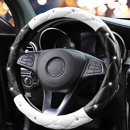 YOGURTCK Cute Diamond Soft Leather Anti-Slip Steering Wheel Cover with Bling Bling Crystal Rhinestones, Universal 15 Inch for Women Girls, Fit Vehicles, Sedans, SUVs, Vans, Trucks - Black and White - color: A-Black and White