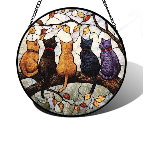 DASTOLL Stained Glass Window Hanging - 5 Cats on a Branch Suncatcher for Window Doors Home Decoration and Christmas, Mother's Day Father's Day Birthday Gifts for Women, Men, and Mom 11.8x11.8 in - color: Black, size: 11.8x11.8 IN