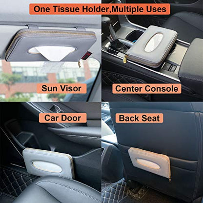 Car Sun Visor Tissue Holder, Napkin Holder, PU Leather Backseat Tissue Case Holder for Car Vehicle with Zipper (Grey)