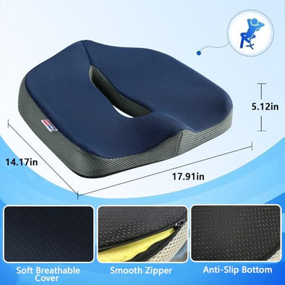 Seat Cushion for Tailbone Pain Relief, Memory Foam Coccyx Cushion for Office Chair & Car, Ergonomic Chair Pad with Non-Slip Cover & Handle, Sciatica Relief for Gaming Chair (Blue)