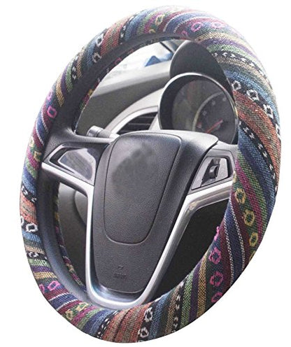 Small Ethnic Style Coarse Flax Cloth Automotive Steering Wheel Cover Anti Slip and Sweat Absorption Auto Car Wrap Cover (14''-14.25, C) - color: C, size: 14 - 14.25 inches