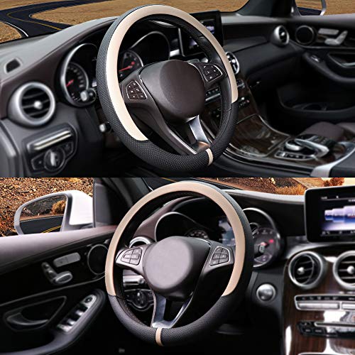 Breathable Car Steering Wheel Cover 15 inch Auto Universal Leather Wrap Non-Slip Steeringwheel Protector Automotive Interior Accessories, Beige (Suit for 14 1/2-15 inch) - color: A-Beige, size: M (14.5"-15")