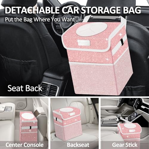 Cute Mini Car Trash Bag with Lid, Glitter Garbage Can Bin Hanging for Back/Front Seat/Console, Waterproof, Leakproof, 2.5 Gallon, Pink Bling Sparkly