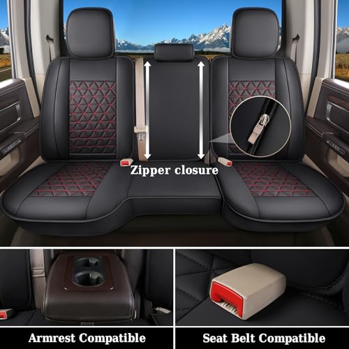 Coverado Dodge Ram Seat Covers Full Set, Waterproof Truck Car Seat Cover Protectors Custom Fit for 2002-2026 Dodge RAM 1500 2500 3500 with Curved Bench(Black&Red line)