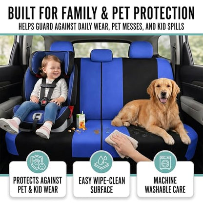 FH Group Full Set Cloth Car Seat Covers , Universal Fit Combo Set with Steering Wheel Cover and Seat Belt Pad for Cars, SUVs and Trucks, Blue - color: Blue/Black