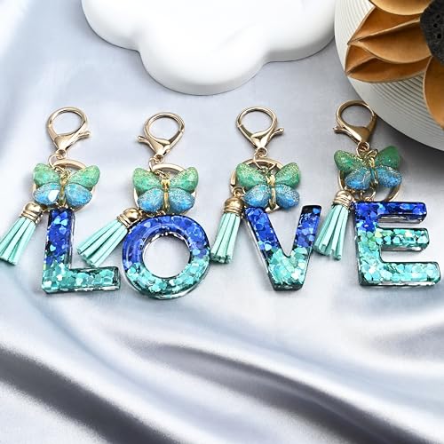 JINGUAZI Initial letter Keychains for Women Tassel Butterfly Pink Purple Cute Car Keychain for Wallet Backpack bag charm - color: K-blue Green