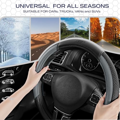 Skechers Air-Cooled Steering Wheel Cover,Leather Car Steering Wheel Cover Universal Fit 14" 1/2-15" Car Wheel Protector for Men Women Fit Suvs,Vans,Sedans,Car,Trucks,Gray - color: Grey