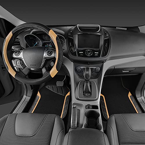 CAR PASS Microfiber Steering Wheel Cover and Waterproof Car Floor Mats,Leather Universal Car Combo Fit for 95% Truck,SUV,Cars,14.5-15inch Sporty Anti-Slip Safety Comfortable Design(Black and Beige) - color: Black＆Beige