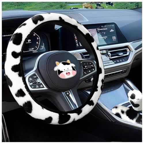 SuperKaKa 3PCS Furry Cow Print Steering Wheel Cover,Auto Plush Cute Cows Shift Gear & Hand Brake Covers Soft Warm Universal Car Interior Accessories for Women Men(Black) - color: Black