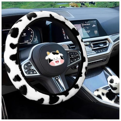 SuperKaKa 3PCS Furry Cow Print Steering Wheel Cover,Auto Plush Cute Cows Shift Gear & Hand Brake Covers Soft Warm Universal Car Interior Accessories for Women Men(Black) - color: Black