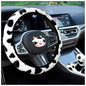 SuperKaKa 3PCS Furry Cow Print Steering Wheel Cover,Auto Plush Cute Cows Shift Gear & Hand Brake Covers Soft Warm Universal Car Interior Accessories for Women Men(Black) - color: Black