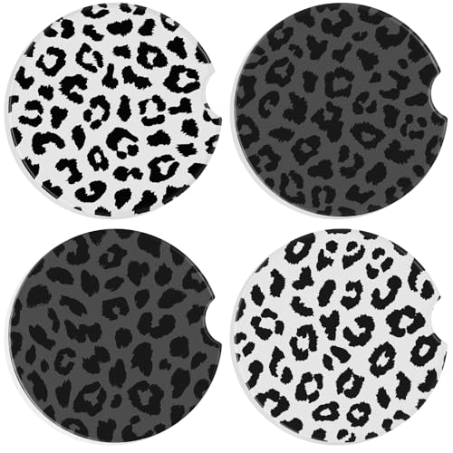 Boao 4 Pcs Leopard Car Cupholder Coasters for Valentine's Day, Ceramic Coasters 2.56'' Anti Slip Base with Finger Notch for Dry Clean, Car Interior Accessories, Birthday Gifts - style: Leopard