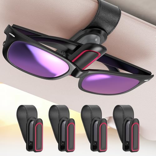 Sunglass Holder for Car (2 Pack, One-Handed Operation, Gentle & Secure Hold, Silicone Padded, Universal Fits Sunglass and Car Visor) - Sunglasses Clip for Car Visor (Black & Red, 4 Pack) - color: Black & Red, size: 4 Pack