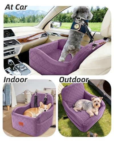 Lealchum Dog Booster Car Seat for Small/Medium Dogs,Puppy Portable Car Bed with Elevated Cushion,Fully Detachable and Washable,2 Storage Pockets,Easy to Install (Purple, Medium) - color: Purple