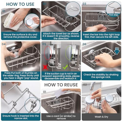 TAILI 4-in-1 Sink Caddy with Strong Suction Cup, Sponge Holder for Kitchen Sink Organizer, Removable, Rustproof, Stainless Steel Holder for Sponge, Brush, Scrubber, Scraper - Silver