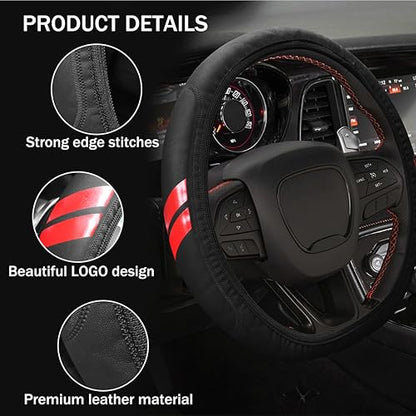 YOSRTER Steering Wheel Cover for Dodge Charger Durango Challenger Journey Ram Breathable Anti-Slip Leather Wheel Covers for Dodge Steering Wheel Accessories Compatible 14-15 Inch（Red Trim） - color: Red Trim