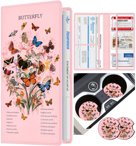 Slohif Car Registration and Insurance Card Holder with Magnetic Shut - Vehicle Glove Box Organizer Women Leather Automobile License Holders Coasters Auto Accessories Case for Document Butterfly - color: Butterflies