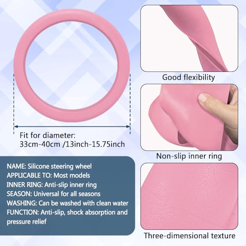 Car Steering Wheel Cover, 13 to 14.17 inches Non-Slip Silicone Steering Wheel Protector, Car Accessories Thin Soft Leather Texture Steering Wheel Protective Cover for Most Cars (Pink) - color: Pink