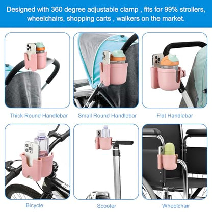 Accmor Stroller Cup Holder with Phone Holder, Bike Cup Holder, Universal Cup Holder for Uppababy Nuna Doona Strollers, 2-in-1 Cup Holder for Walker, Wheelchair, Scooter - color: Baby Pink