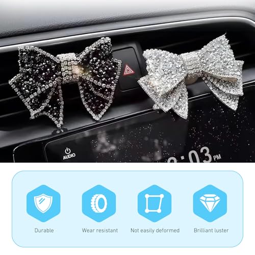 2 PCS Bling Bow Car Vent Clips, Crystal Rhinestone Air Conditioning Outlet Clip, Cute Car Interior Decorative Accessories, Universal Decor Charm Clips for Women Girls (Black & Silver)
